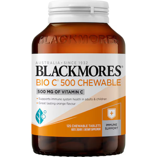 Blackmores Bio C 500mg Chewable Vitamin C Immune Support Tablets 125 pack, helping boost immunity with natural fruit-flavored chewable vitamin C.