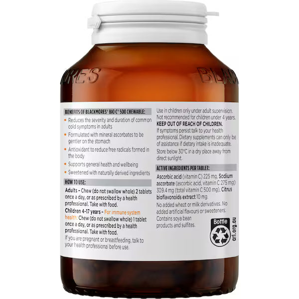 Blackmores Bio C 500mg Chewable Vitamin C Immune Support Tablets 125 pack, helping boost immunity with natural fruit-flavored chewable vitamin C.