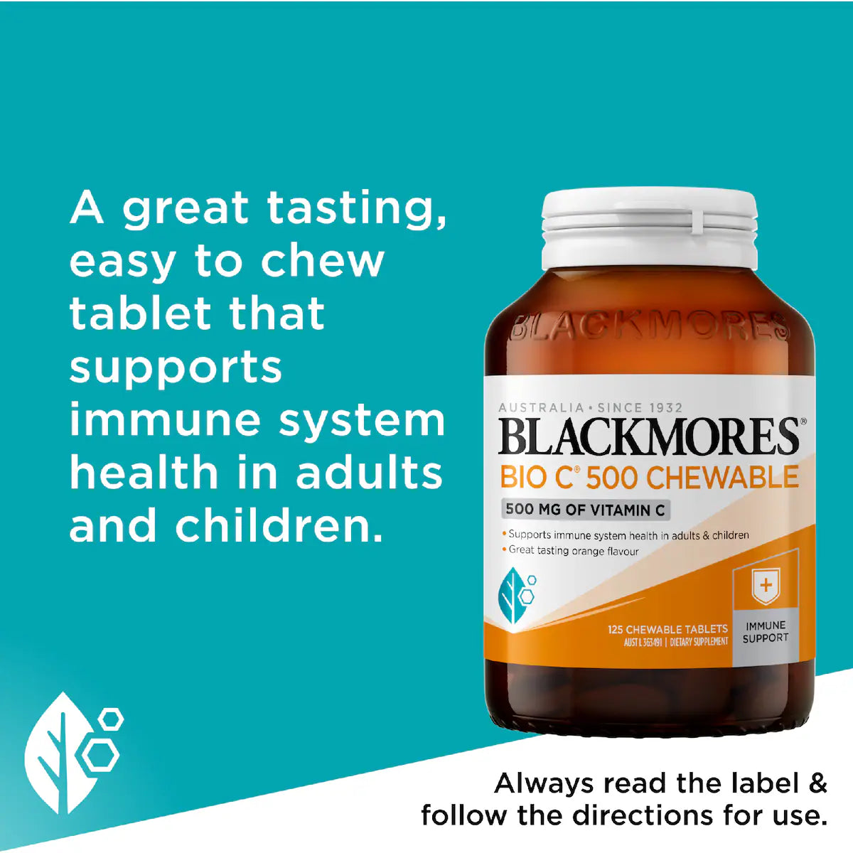 Blackmores Bio C 500mg Chewable Vitamin C Immune Support Tablets 125 pack, helping boost immunity with natural fruit-flavored chewable vitamin C.