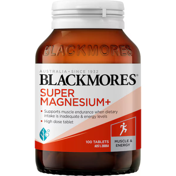A bottle of Blackmores Super Magnesium+ Muscle Health Vitamin Tablets, 100 tablets per pack, designed to support muscle health and reduce muscle cramps.