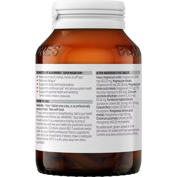 A bottle of Blackmores Super Magnesium+ Muscle Health Vitamin Tablets, 100 tablets per pack, designed to support muscle health and reduce muscle cramps.