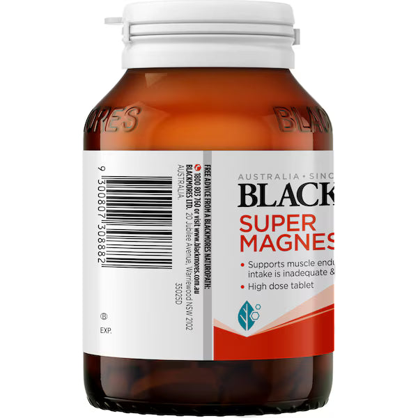A bottle of Blackmores Super Magnesium+ Muscle Health Vitamin Tablets, 100 tablets per pack, designed to support muscle health and reduce muscle cramps.
