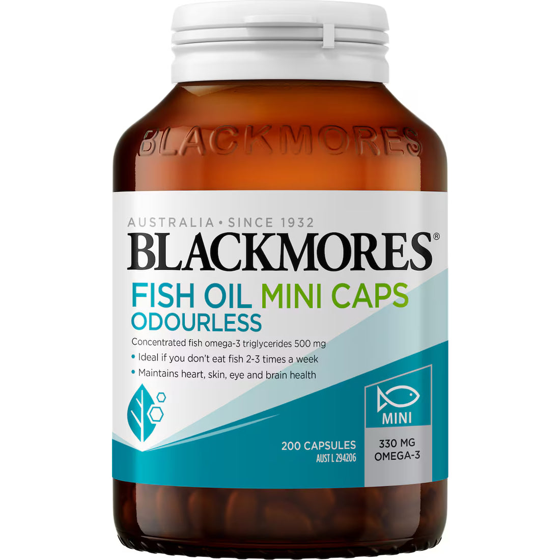 Blackmores Odourless Fish Oil 1000mg Omega-3 Mini Capsules 200 Pack — premium natural omega-3 supplement supporting heart, brain, and joint health, odourless and easy to swallow.