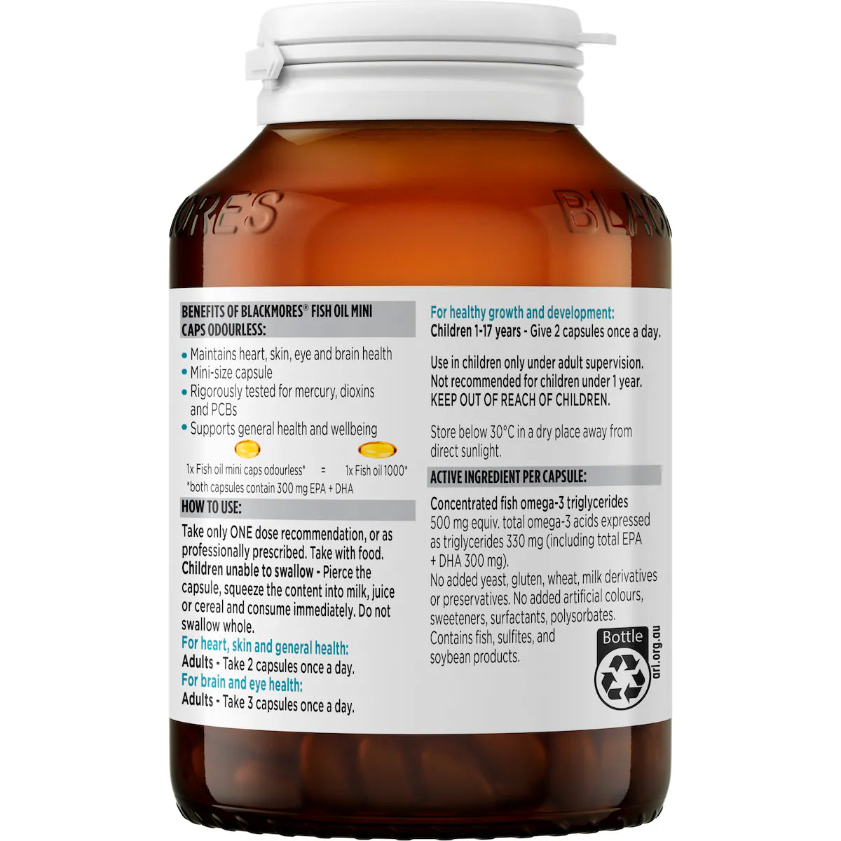 Blackmores Odourless Fish Oil 1000mg Omega-3 Mini Capsules 200 Pack — premium natural omega-3 supplement supporting heart, brain, and joint health, odourless and easy to swallow.