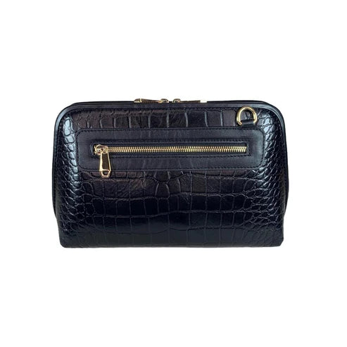 LeatherLuxe black leather clutch bag with detachable shoulder strap and crossbody option – elegant women’s evening handbag made of premium genuine leather.