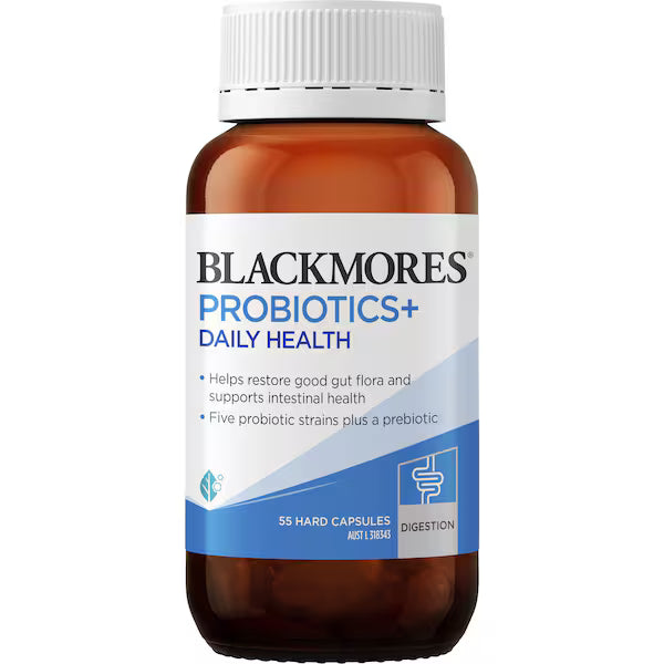 Blackmores Probiotics+ Daily Health Hard Capsules 55 pack showcasing a bottle of probiotic supplements designed for daily digestive and immune health support.