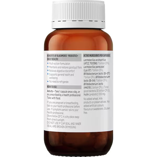Blackmores Probiotics+ Daily Health Hard Capsules 55 pack showcasing a bottle of probiotic supplements designed for daily digestive and immune health support.