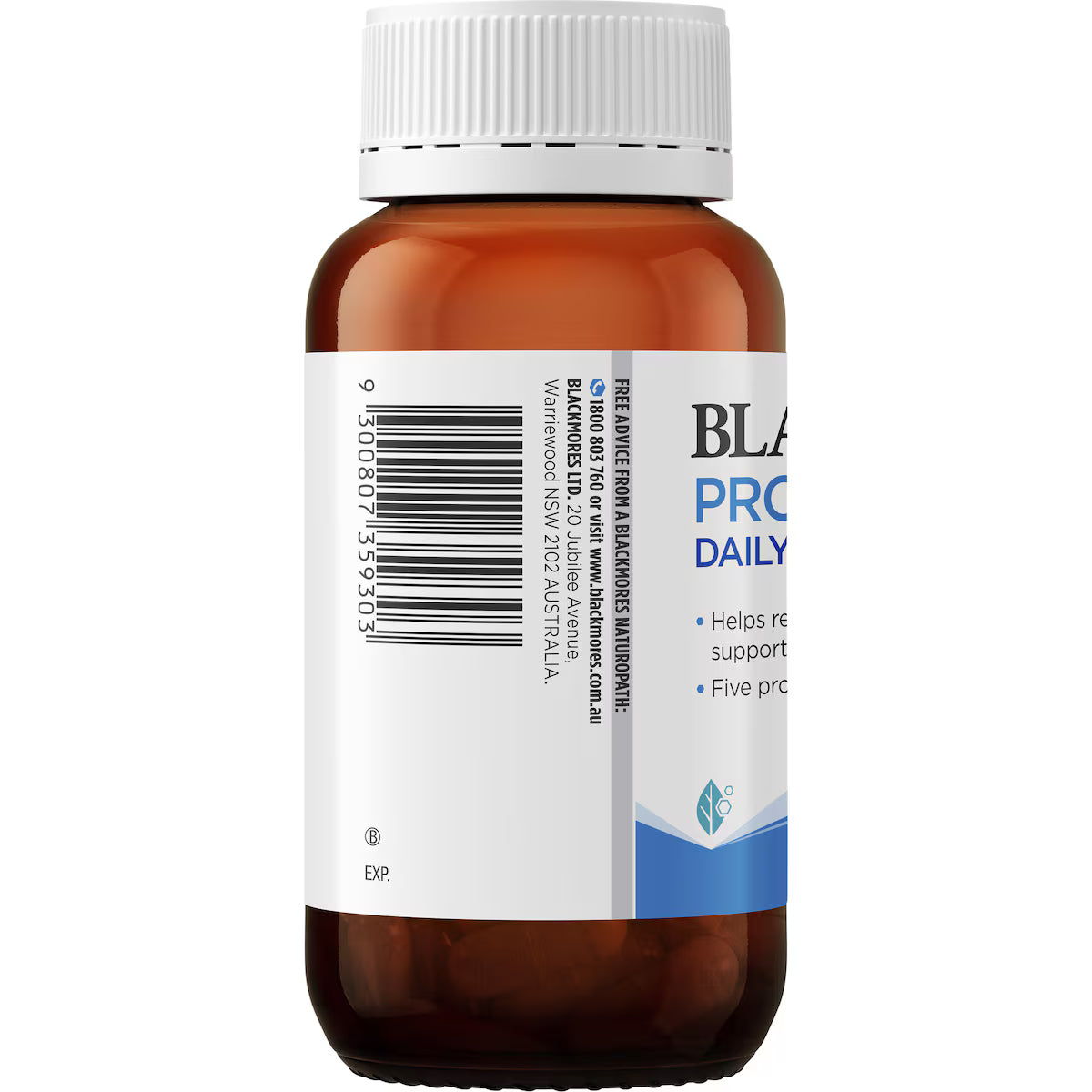 Blackmores Probiotics+ Daily Health Hard Capsules 55 pack showcasing a bottle of probiotic supplements designed for daily digestive and immune health support.