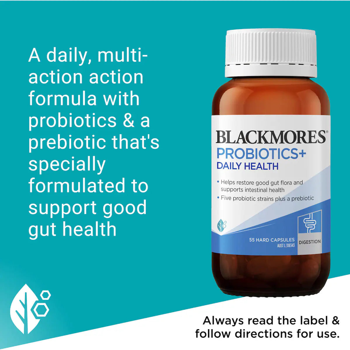 Blackmores Probiotics+ Daily Health Hard Capsules 55 pack showcasing a bottle of probiotic supplements designed for daily digestive and immune health support.