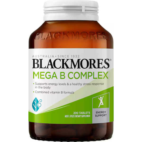 Blackmores Mega B Complex Tablets 200 pack, high-quality vitamin B supplement for energy, stress relief, and overall health support.