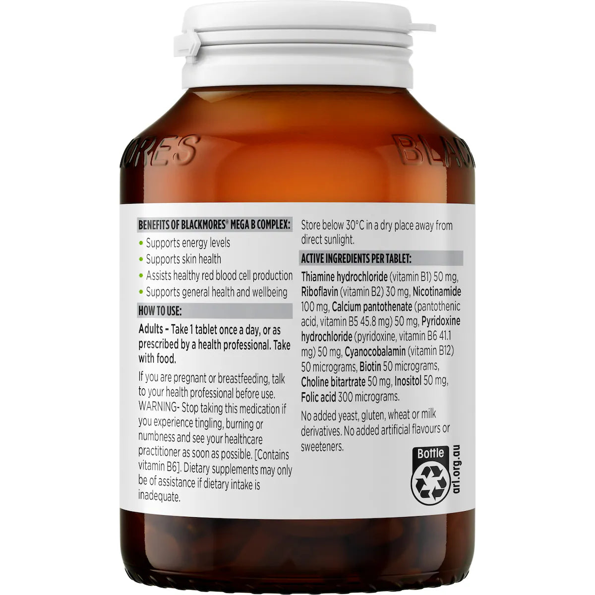 Blackmores Mega B Complex Tablets 200 pack, high-quality vitamin B supplement for energy, stress relief, and overall health support.