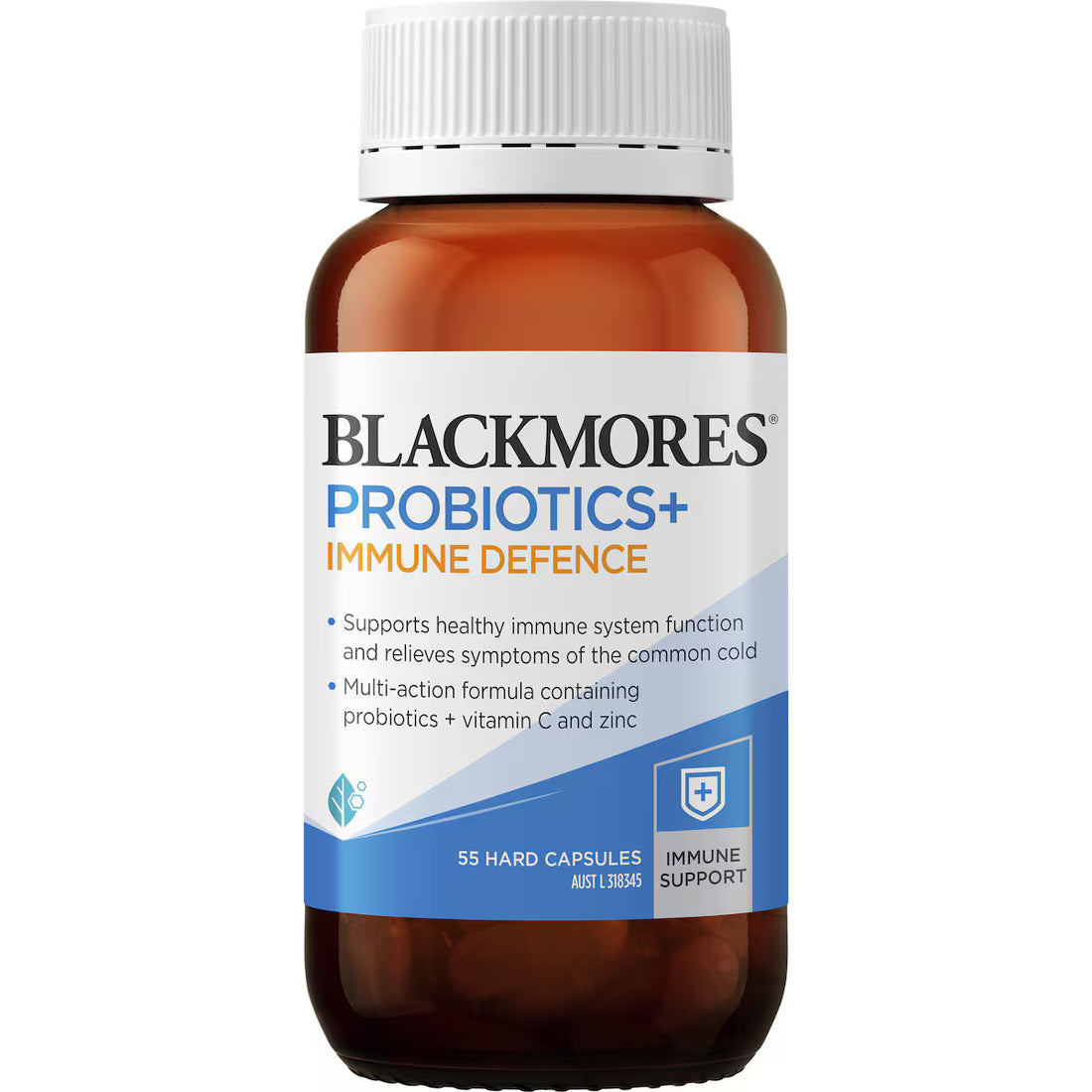 Blackmores Probiotics+ Immune Defence Capsules 55 pack featuring a white bottle with a blue label, containing probiotics designed to support immune health and digestive well-being.
