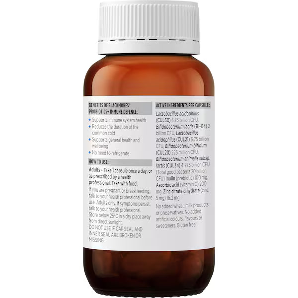 Blackmores Probiotics+ Immune Defence Capsules 55 pack featuring a white bottle with a blue label, containing probiotics designed to support immune health and digestive well-being.