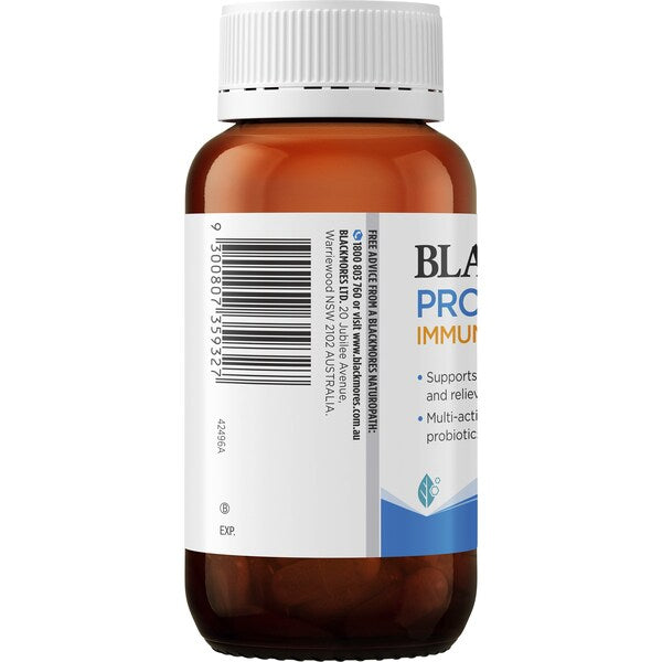 Blackmores Probiotics+ Immune Defence Capsules 55 pack featuring a white bottle with a blue label, containing probiotics designed to support immune health and digestive well-being.
