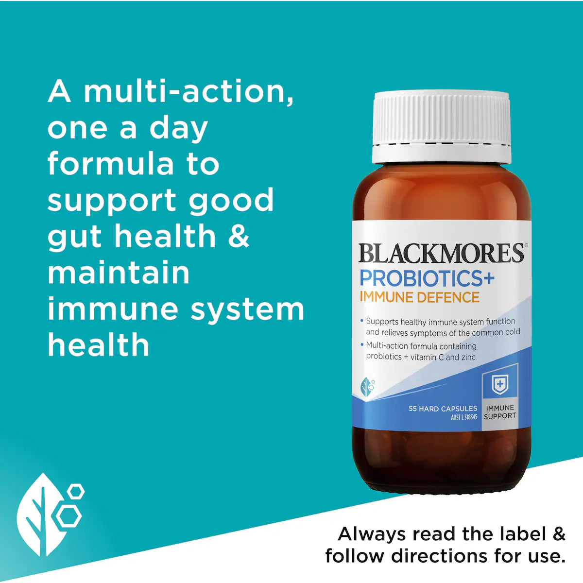 Blackmores Probiotics+ Immune Defence Capsules 55 pack featuring a white bottle with a blue label, containing probiotics designed to support immune health and digestive well-being.