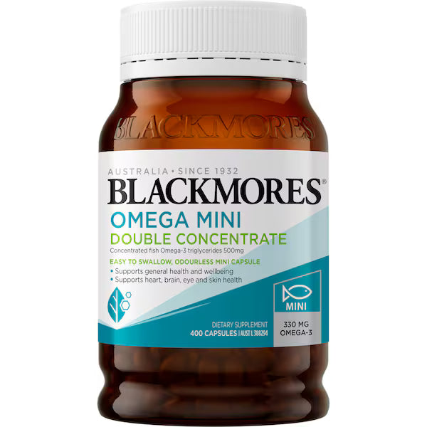 Blackmores Omega Mini Double Concentrate 400 Capsules bottle — premium fish oil supplement rich in omega-3 for heart, brain, and eye health.