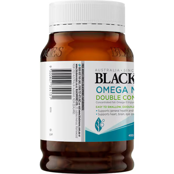 Blackmores Omega Mini Double Concentrate 400 Capsules bottle — premium fish oil supplement rich in omega-3 for heart, brain, and eye health.