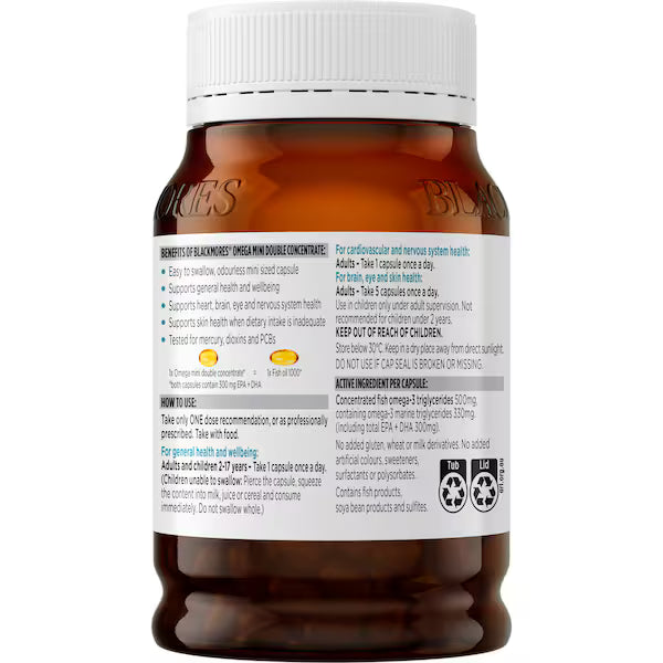 Blackmores Omega Mini Double Concentrate 400 Capsules bottle — premium fish oil supplement rich in omega-3 for heart, brain, and eye health.