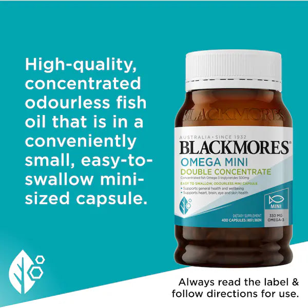 Blackmores Omega Mini Double Concentrate 400 Capsules bottle — premium fish oil supplement rich in omega-3 for heart, brain, and eye health.