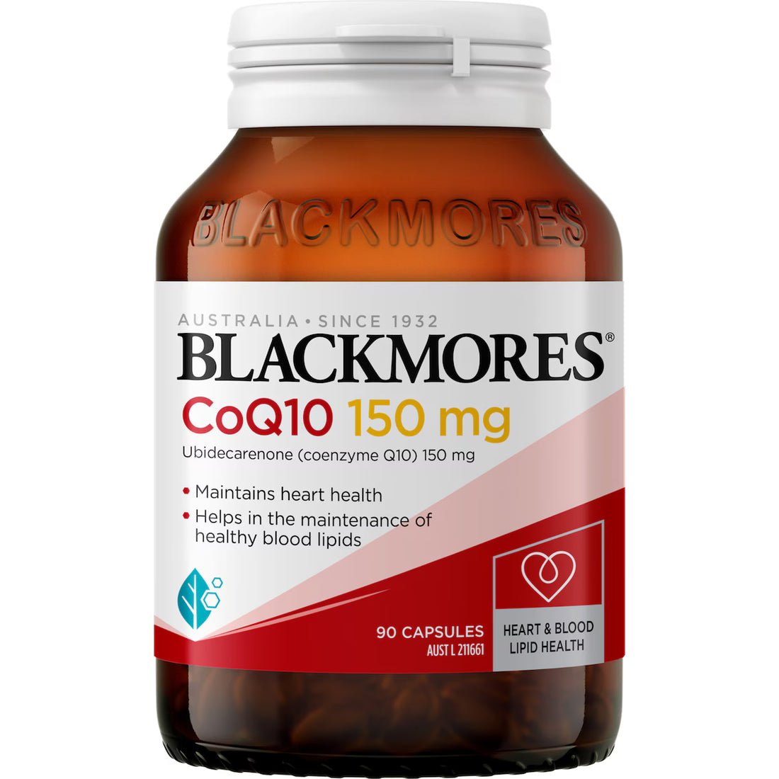 Blackmores CoQ10 150mg Heart & Blood Lipid Health Capsules 90 pack bottle on white background — dietary supplement supporting cardiovascular health and energy production.