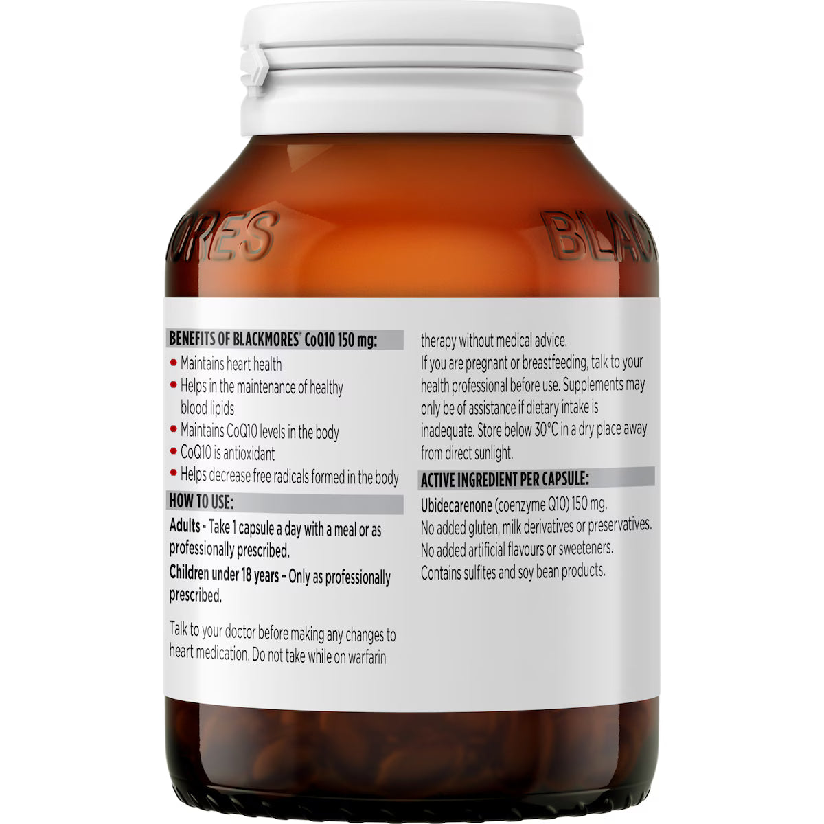 Blackmores CoQ10 150mg Heart & Blood Lipid Health Capsules 90 pack bottle on white background — dietary supplement supporting cardiovascular health and energy production.