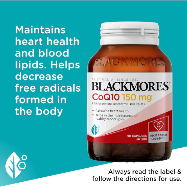 Blackmores CoQ10 150mg Heart & Blood Lipid Health Capsules 90 pack bottle on white background — dietary supplement supporting cardiovascular health and energy production.
