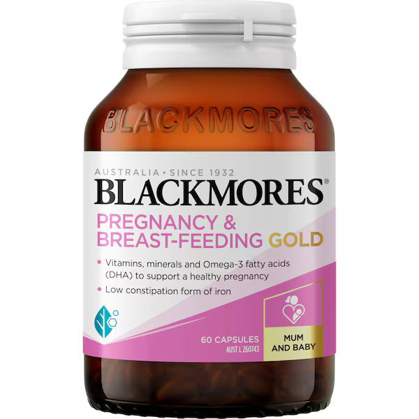 Blackmores Pregnancy & Breastfeeding Gold Vitamin Capsules in a 60-pack bottle designed to support the health and well-being of pregnant and breastfeeding women.