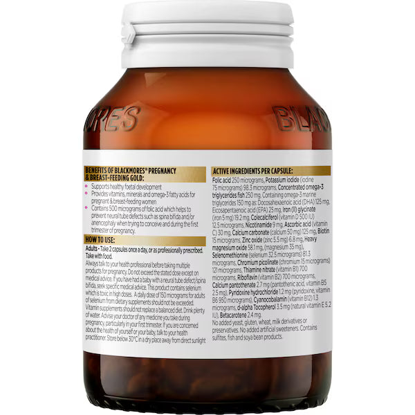 Blackmores Pregnancy & Breastfeeding Gold Vitamin Capsules in a 60-pack bottle designed to support the health and well-being of pregnant and breastfeeding women.