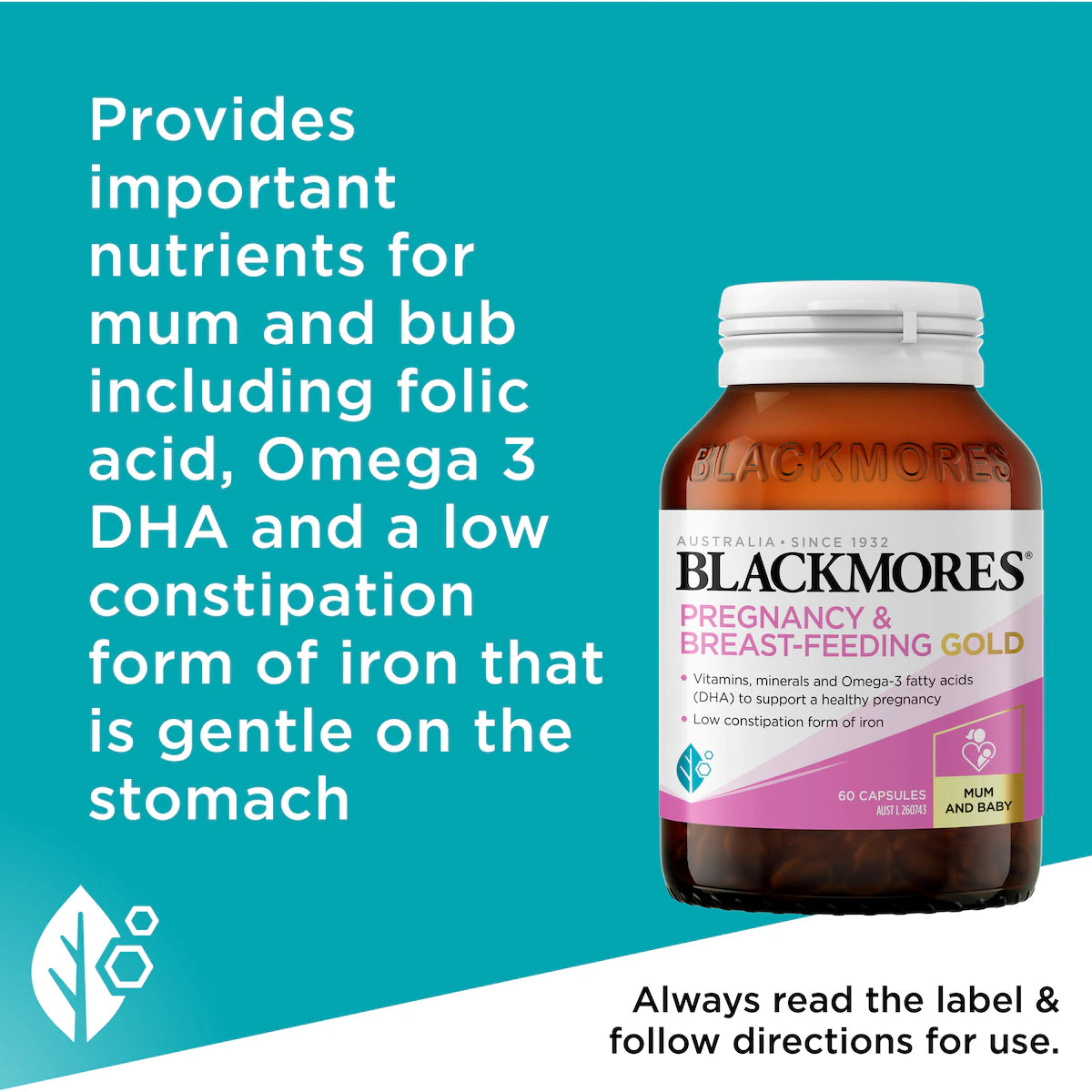 Blackmores Pregnancy & Breastfeeding Gold Vitamin Capsules in a 60-pack bottle designed to support the health and well-being of pregnant and breastfeeding women.