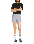 PUMA Essential 5 Inch High Waist Shorts in black with rib waistband, side pockets, and sustainable cotton fabric