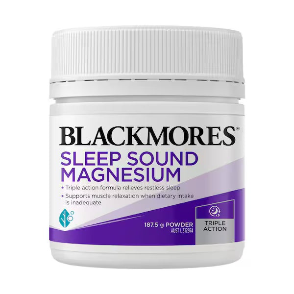Blackmores Sleep Sound Magnesium Powder 187.5g jar with purple and white packaging, dietary supplement for better sleep and relaxation