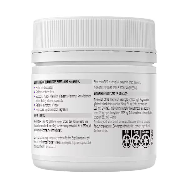 Blackmores Sleep Sound Magnesium Powder 187.5g jar with purple and white packaging, dietary supplement for better sleep and relaxation