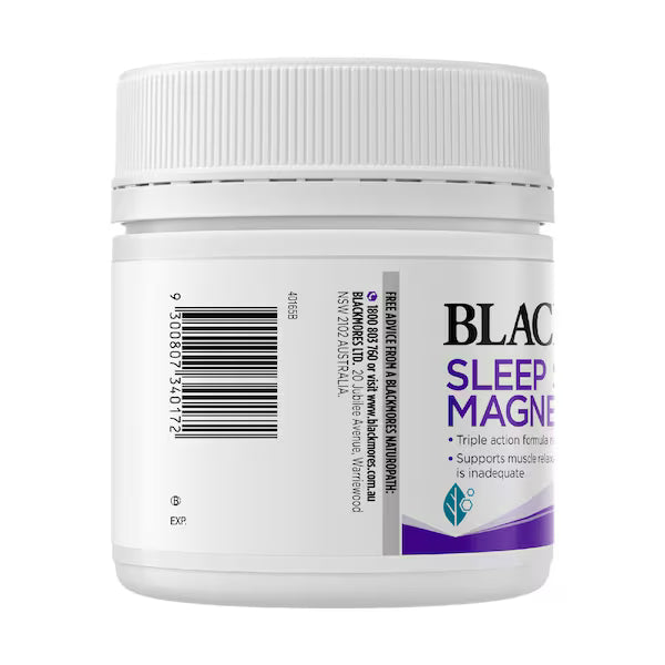 Blackmores Sleep Sound Magnesium Powder 187.5g jar with purple and white packaging, dietary supplement for better sleep and relaxation