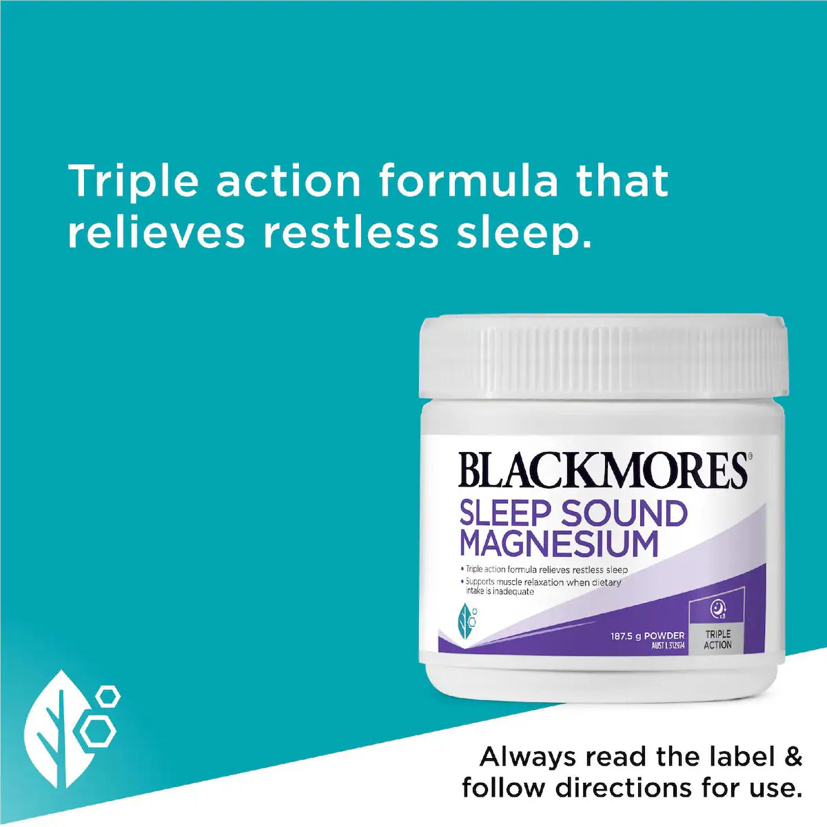Blackmores Sleep Sound Magnesium Powder 187.5g jar with purple and white packaging, dietary supplement for better sleep and relaxation