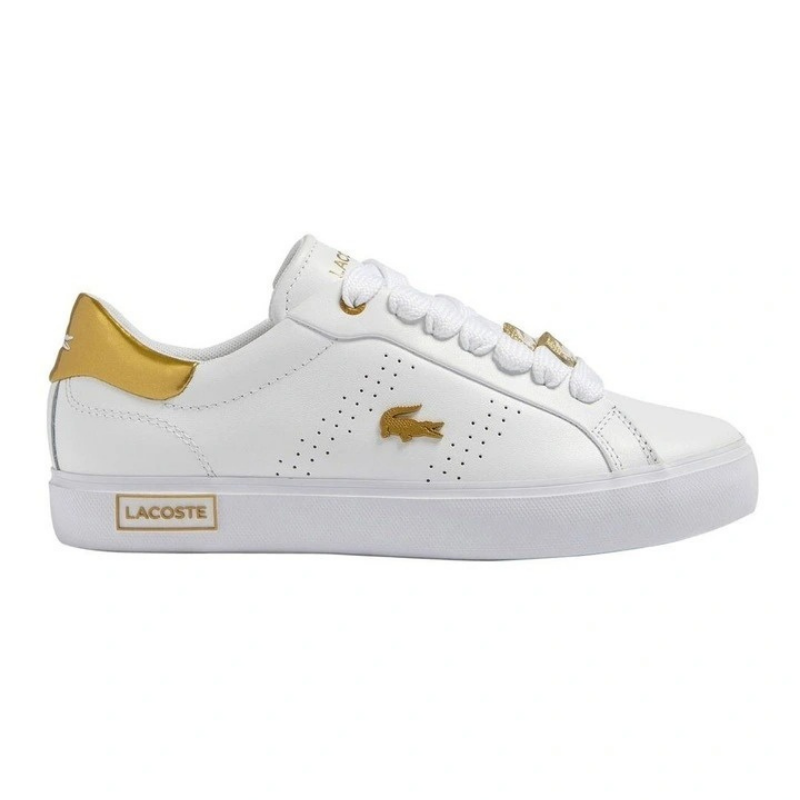 Lacoste Powercourt 2.0 Sneaker in White/Gold, featuring a sleek leather upper with gold accents for a premium, stylish look.