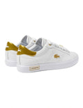 Lacoste Powercourt 2.0 Sneaker in White/Gold, featuring a sleek leather upper with gold accents for a premium, stylish look.
