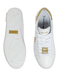 Lacoste Powercourt 2.0 Sneaker in White/Gold, featuring a sleek leather upper with gold accents for a premium, stylish look.