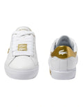 Lacoste Powercourt 2.0 Sneaker in White/Gold, featuring a sleek leather upper with gold accents for a premium, stylish look.