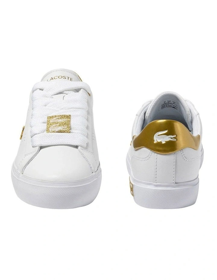 Lacoste Powercourt 2.0 Sneaker in White/Gold, featuring a sleek leather upper with gold accents for a premium, stylish look.