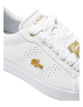 Lacoste Powercourt 2.0 Sneaker in White/Gold, featuring a sleek leather upper with gold accents for a premium, stylish look.