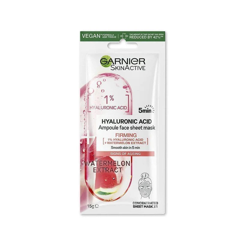 Garnier Skin Active Hyaluronic Acid Ampoule Face Sheet Mask with Watermelon Extract 15g for hydration and radiant skin