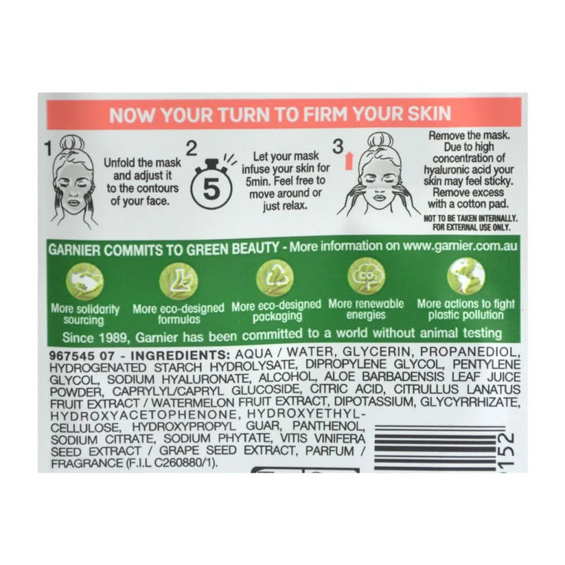 Garnier Skin Active Hyaluronic Acid Ampoule Face Sheet Mask with Watermelon Extract 15g for hydration and radiant skin