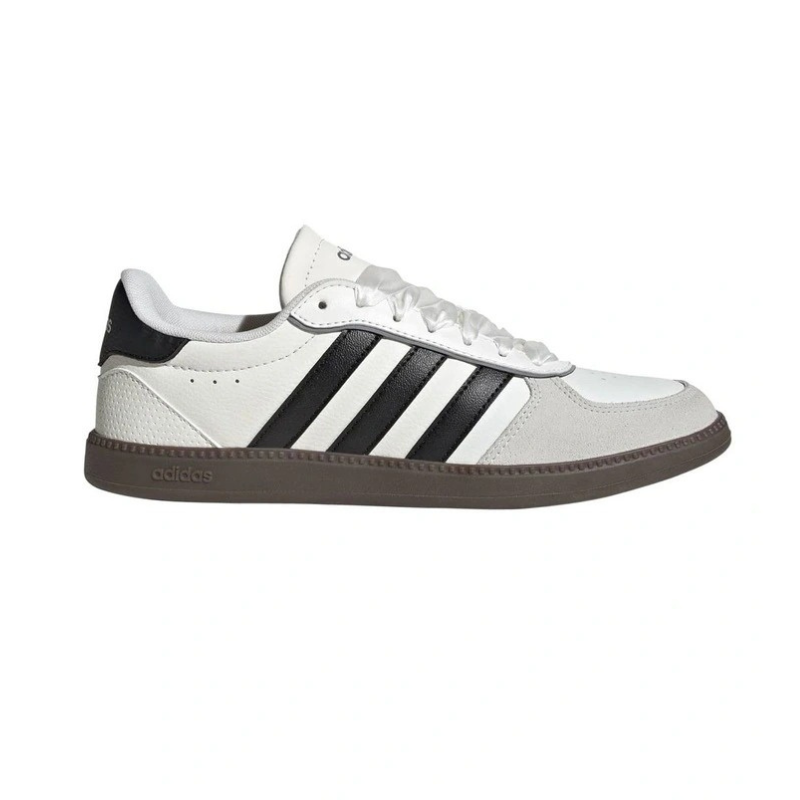 White Adidas sneaker with black stripes on a white background