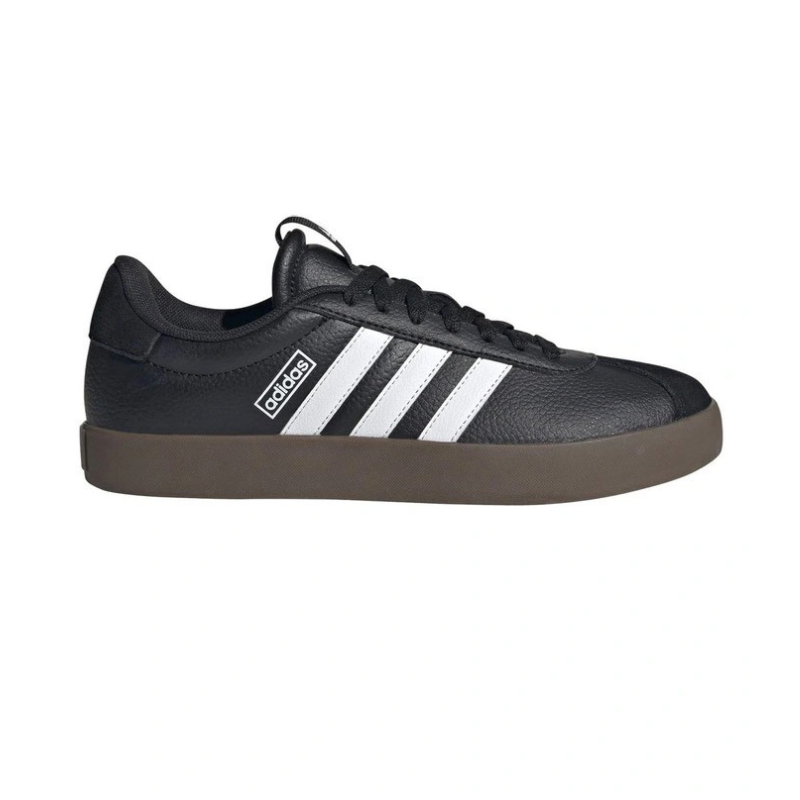 Black Adidas sneaker with white stripes on a white background