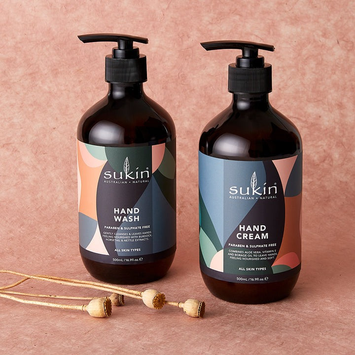 Sukin hand wash bottle on a light gray background