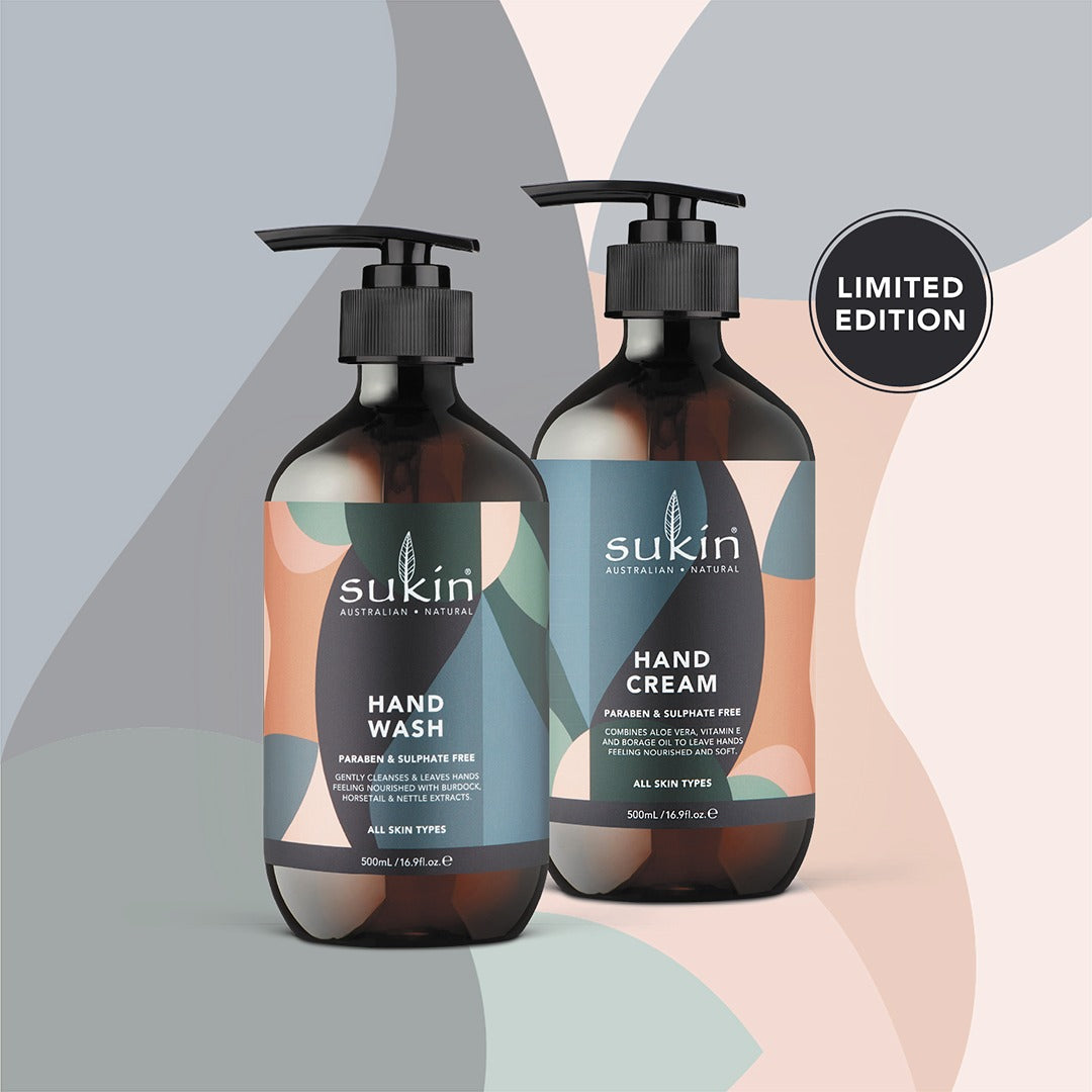 Sukin hand wash and hand cream bottles on a abstract background with 'Limited Edition' label.