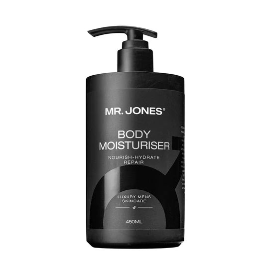 Men’s body moisturiser in sleek packaging, designed for daily hydration and smooth skin nourishment