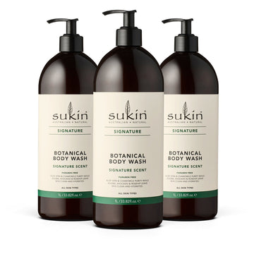 Three bottles of Sukin Botanical Body Wash on a white background