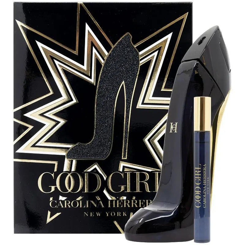 Carolina Herrera Good Girl perfume set with black and gold packaging.
