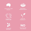 Set of icons and text on a pink background indicating Australian made, natural ingredients, cruelty free, vegan product, carbon offset, and no sulphates or parabens.